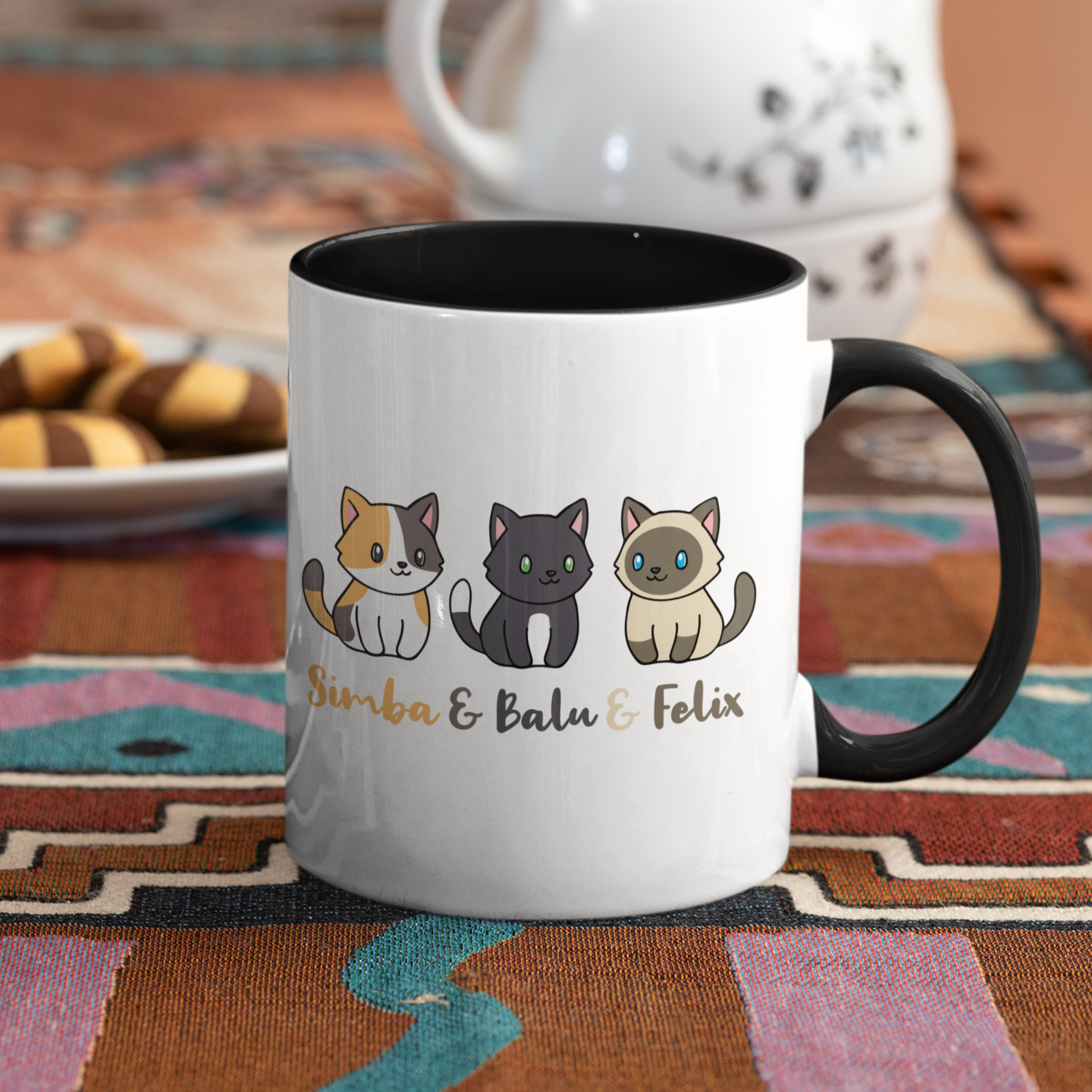 Tasse zweifarbig Personalisiert - Drei Individuelle Cartoon Katzen mit Namen