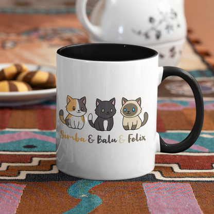 Tasse zweifarbig Personalisiert - Drei Individuelle Cartoon Katzen mit Namen
