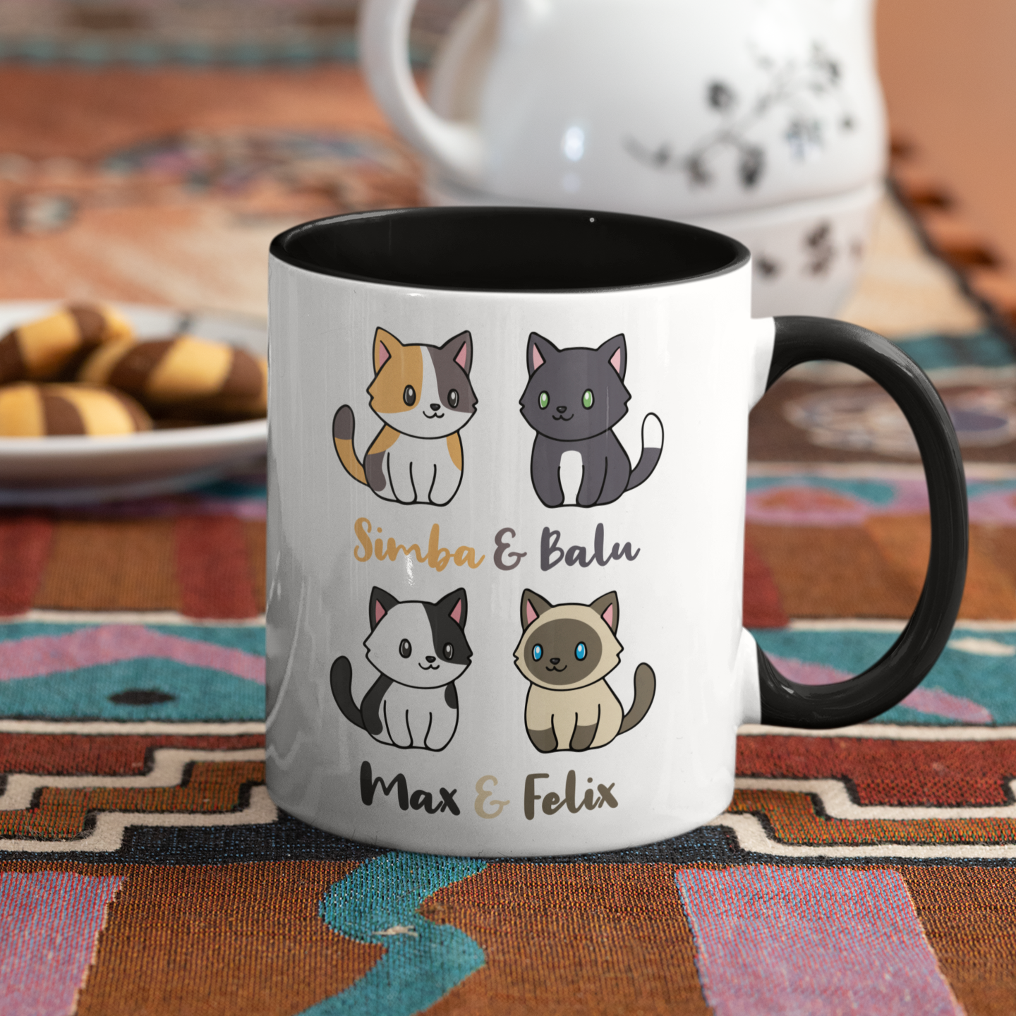 Tasse zweifarbig Personalisiert - Vier Individuelle Cartoon Katzen mit Namen