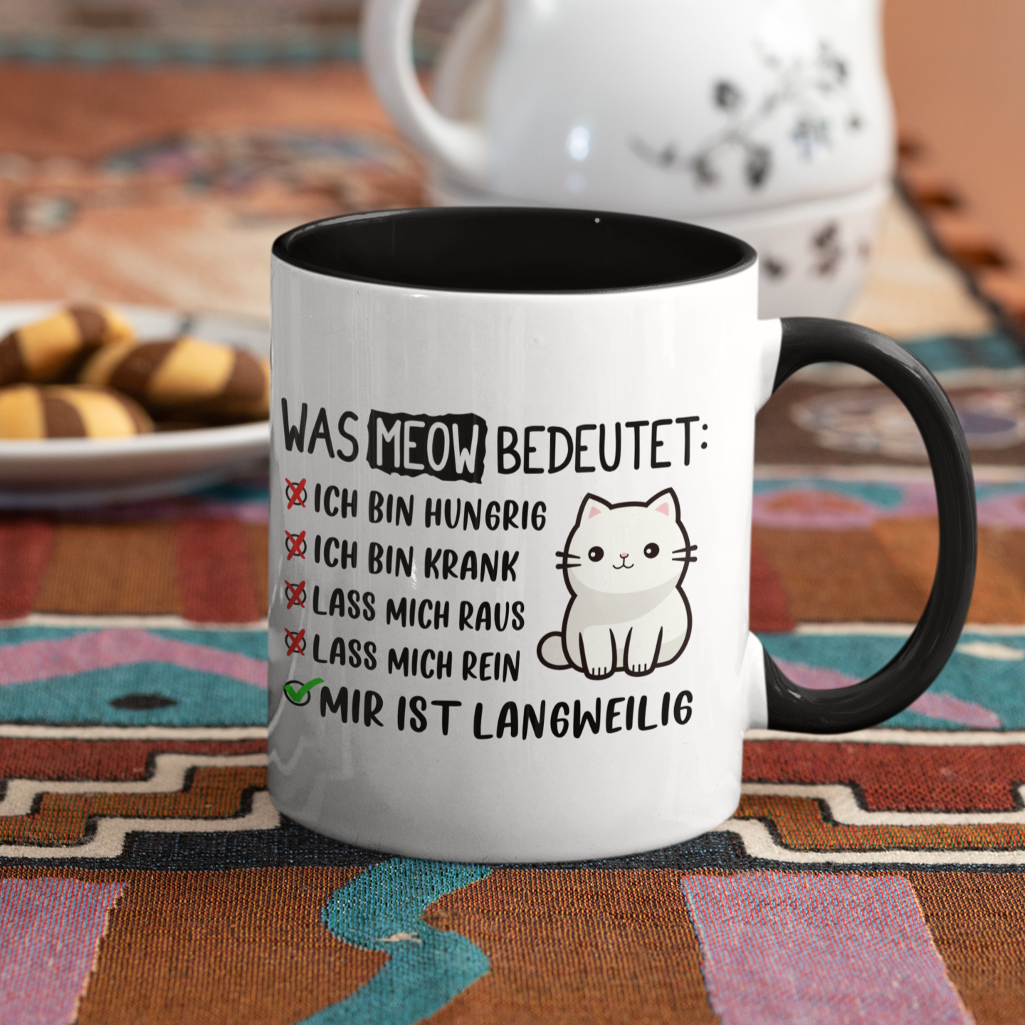 Tasse zweifarbig - Was Meow bedeutet - Lustiges Katzensprache Design