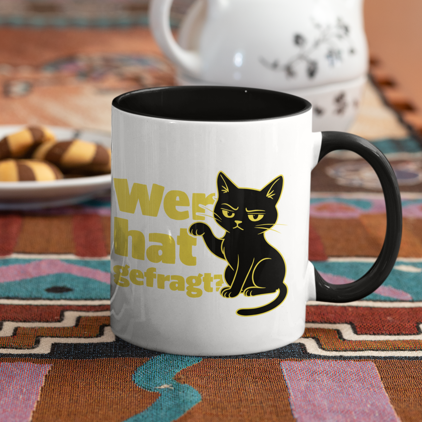 Tasse zweifarbig Wer hat gefragt? - Sarkastische Schwarze Katze