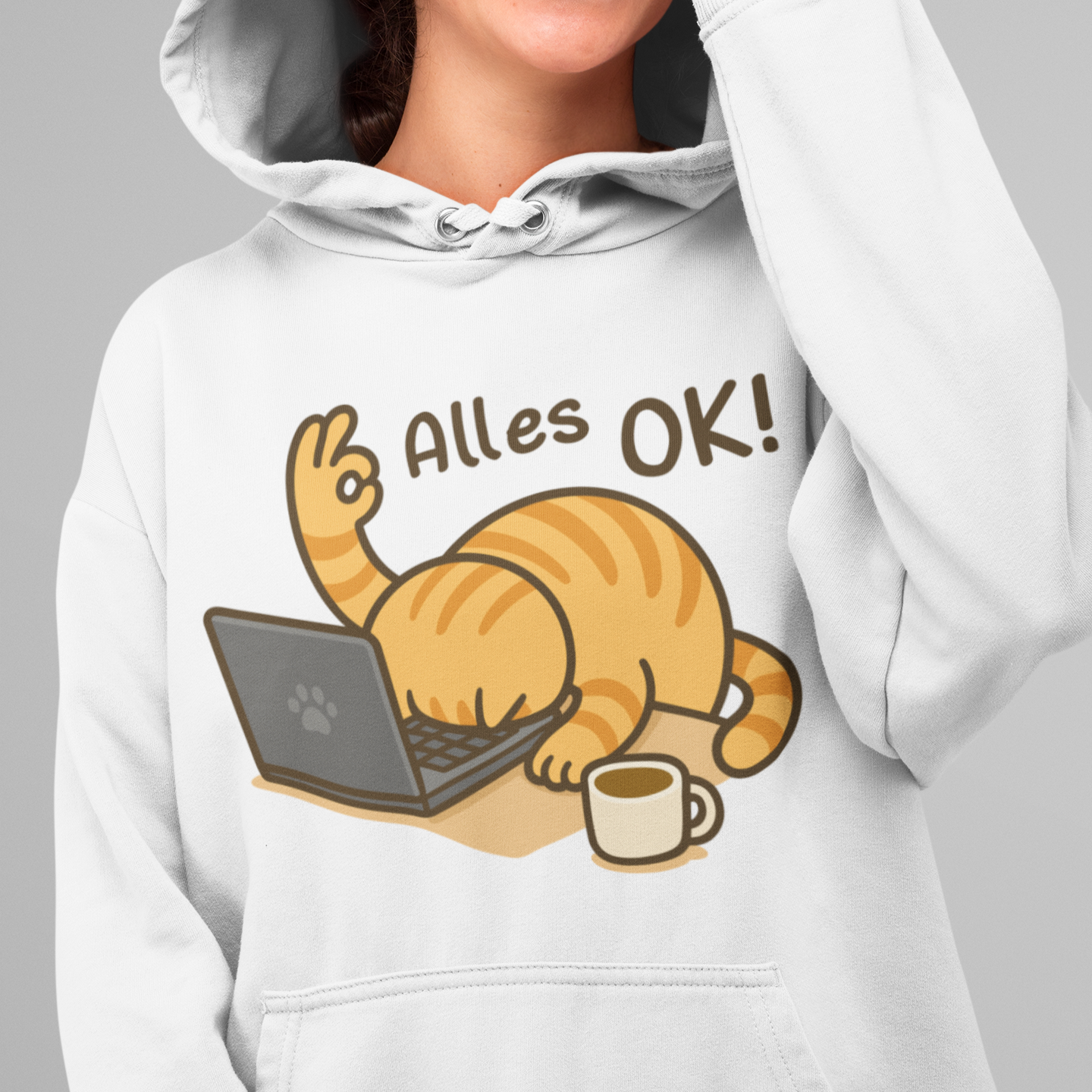 ST/ST Drummer Hoodie - Alles OK Katze – Lustiges Katzenmotiv am Laptop