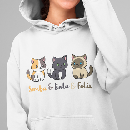 ST/ST Drummer Hoodie Personalisiert - Drei Individuelle Cartoon Katzen mit Namen
