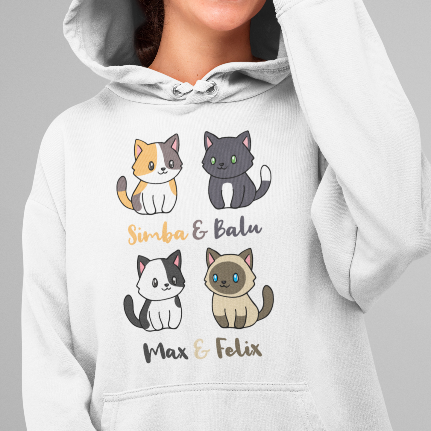 ST/ST Drummer Hoodie Personalisiert - Vier Individuelle Cartoon Katzen mit Namen
