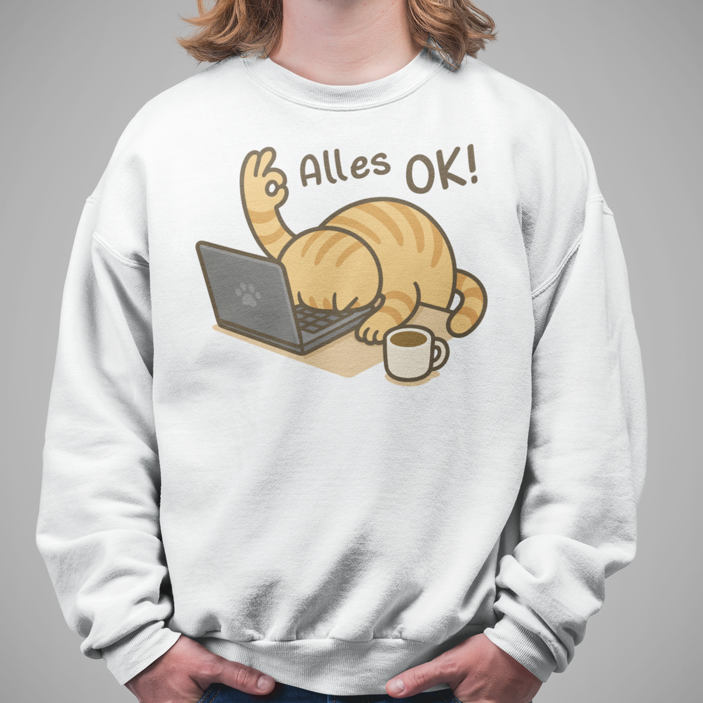 Herren Sweatshirt - Alles OK Katze – Lustiges Katzenmotiv am Laptop