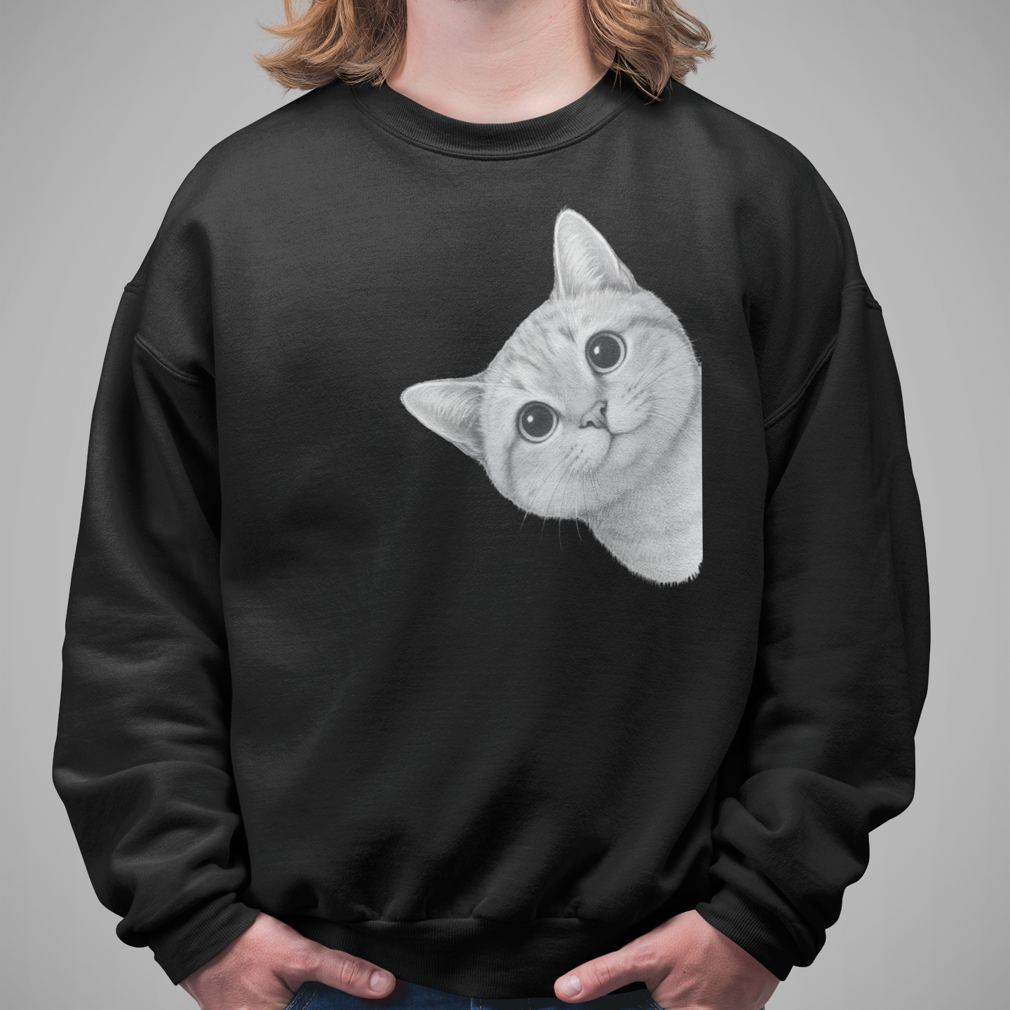 Herren Sweatshirt - Sneaky Cat – Neugierige Katze schaut um die Ecke