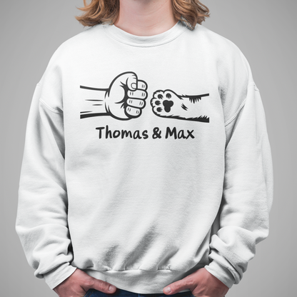 Herren Sweatshirt Personalisiert - Mann und Katze Fistpump mit Namen
