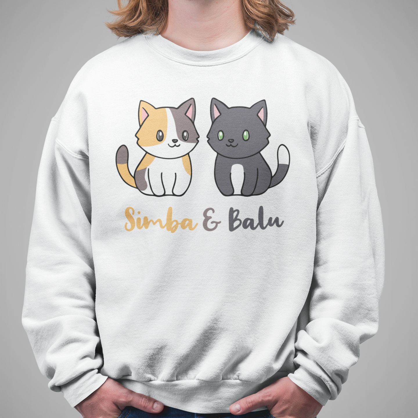 Herren Sweatshirt Personalisiert - Zwei Individuelle Cartoon Katzen mit Namen