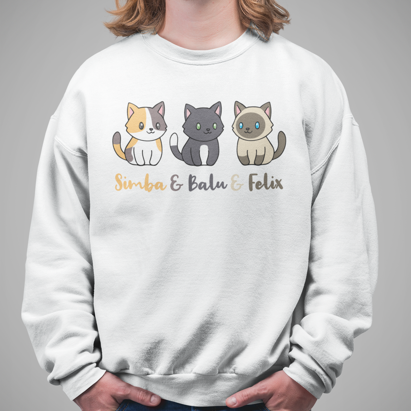 Herren Sweatshirt Personalisiert - Drei Individuelle Cartoon Katzen mit Namen