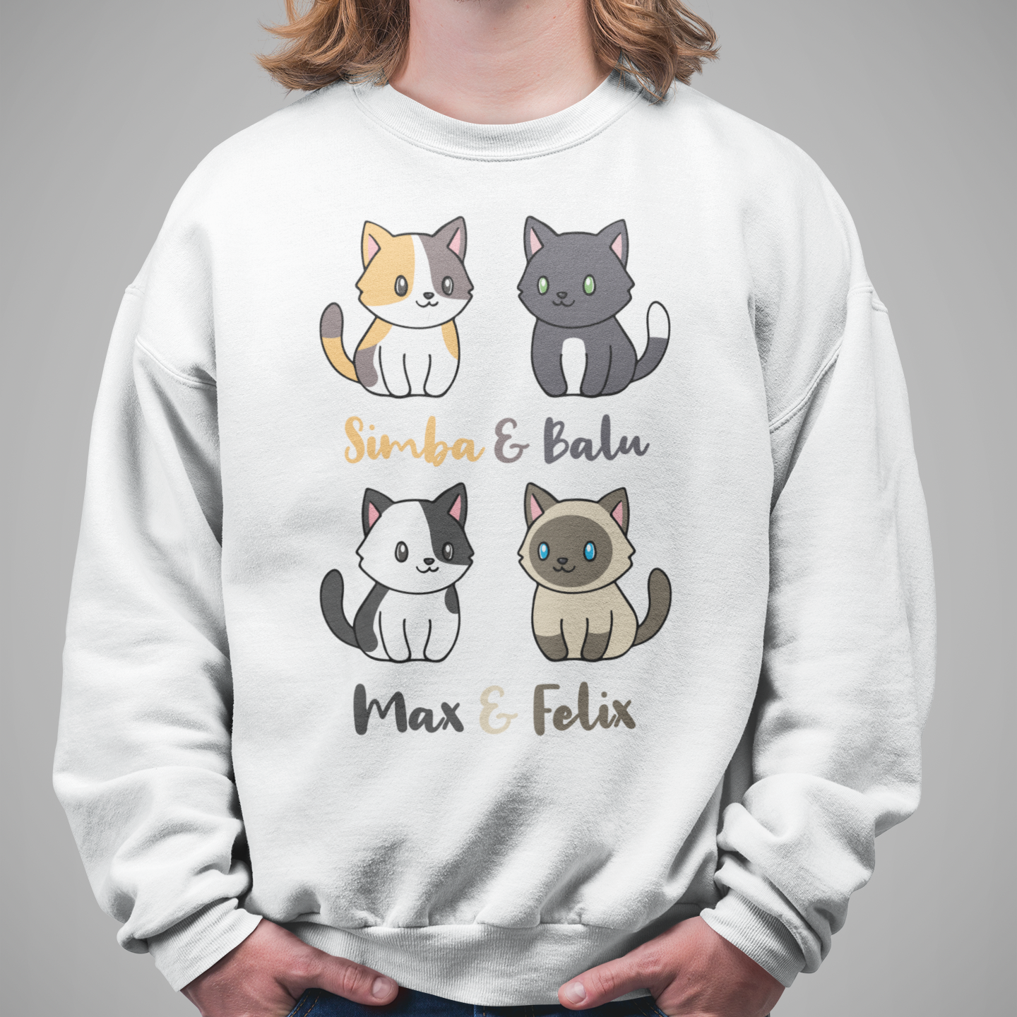 Herren Sweatshirt Personalisiert - Vier Individuelle Cartoon Katzen mit Namen