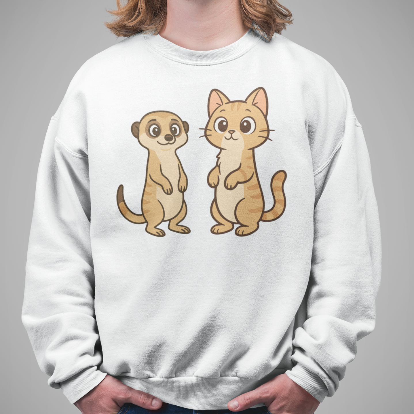 Herren Sweatshirt Personalisiert - Stehende Katze mit Erdmännchen, sarkastisch