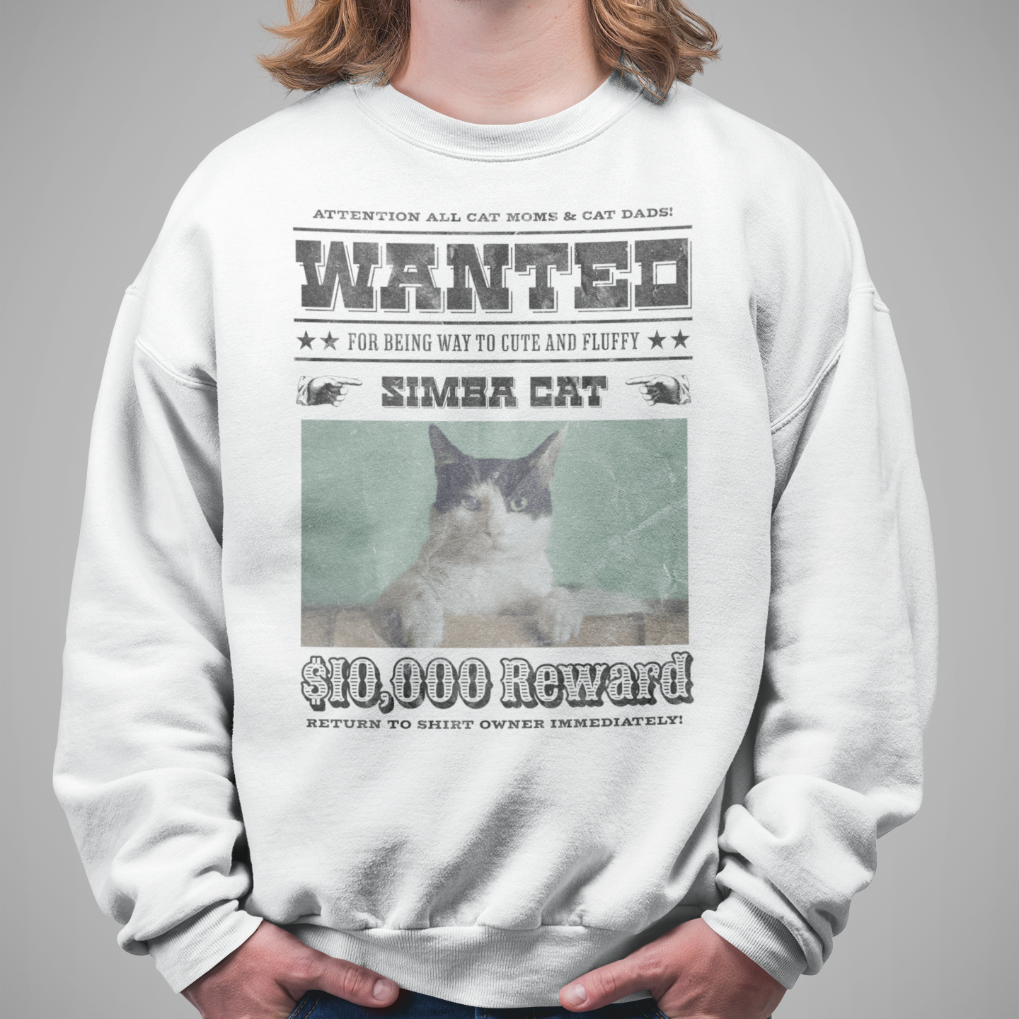 Herren Sweatshirt Personalisiert - Wanted Cat - Western Katzen Fahndungsfoto