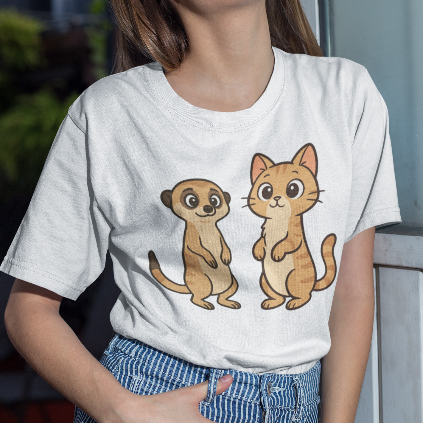 Damen T-Shirt Personalisiert - Stehende Katze mit Erdmännchen, sarkastisch