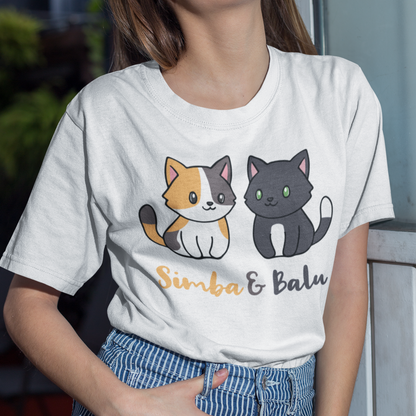 Damen T-Shirt Personalisiert - Zwei Individuelle Cartoon Katzen mit Namen