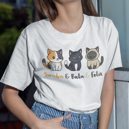 Damen T-Shirt Personalisiert - Drei Individuelle Cartoon Katzen mit Namen