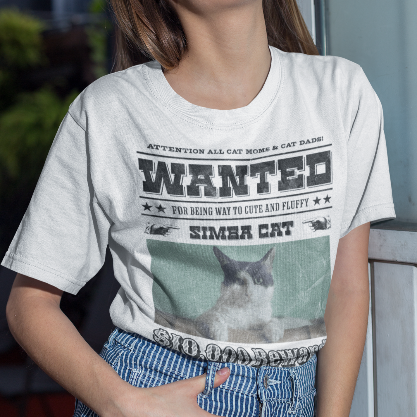 Damen T-Shirt Personalisiert - Wanted Cat - Western Katzen Fahndungsfoto